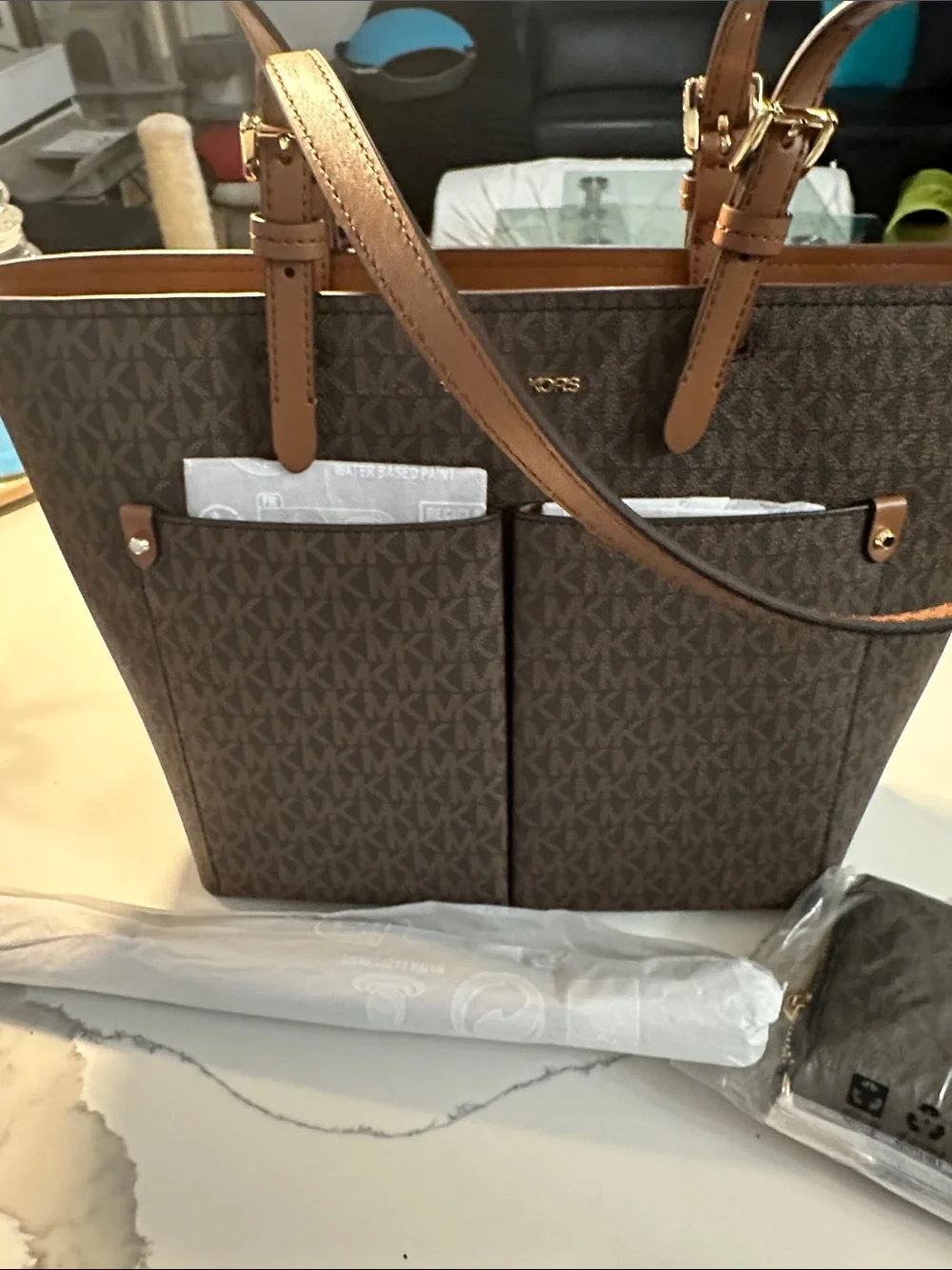 Michael Kors Brown and Tan Logo Tote with Front Pockets